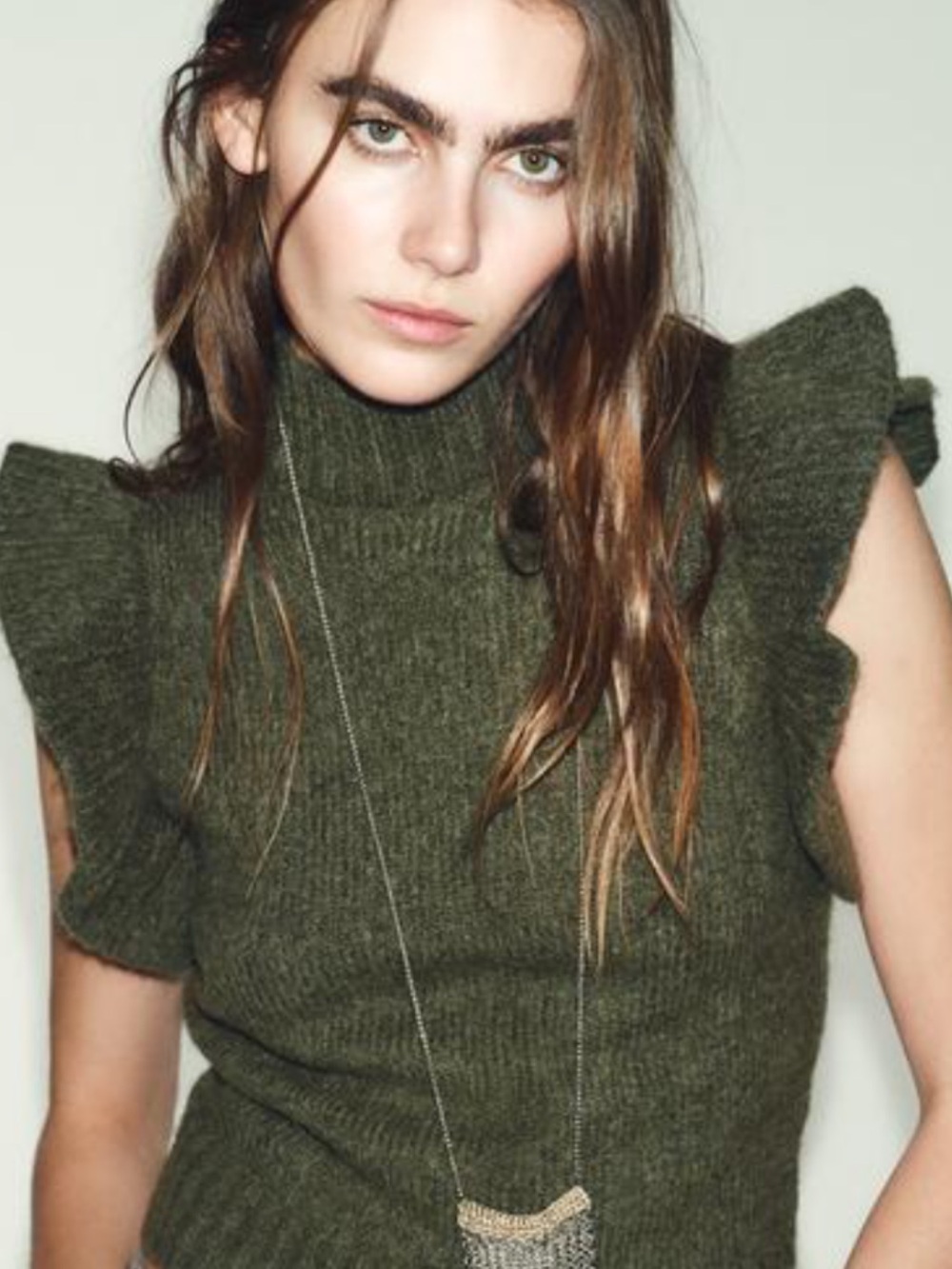 Zara Olive Green Sleeveless Ruffle Turtleneck Sweater
